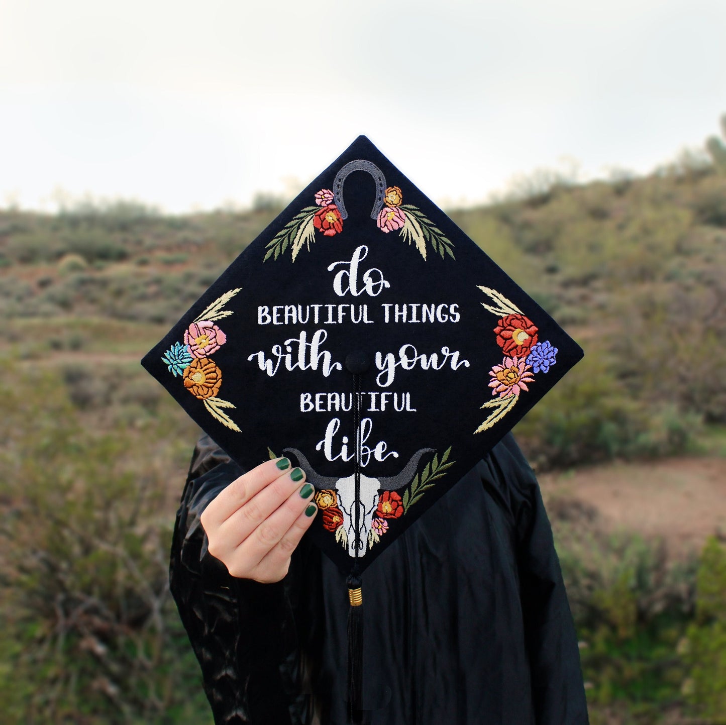 Handmade Embroidered Western Bull Skull Graduation Cap Topper